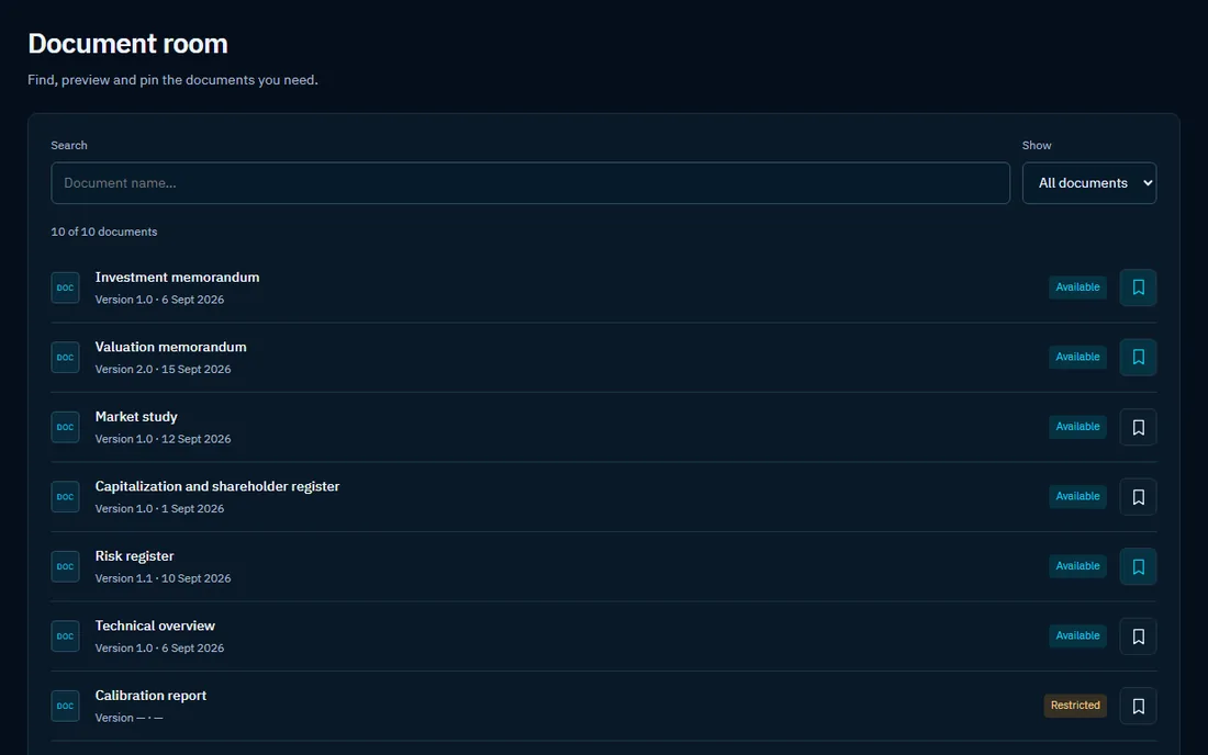 Investor portal experience prototype: a document room with sample documents and access states