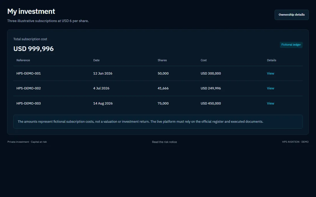 Investor portal experience prototype: subscription history with fictional references