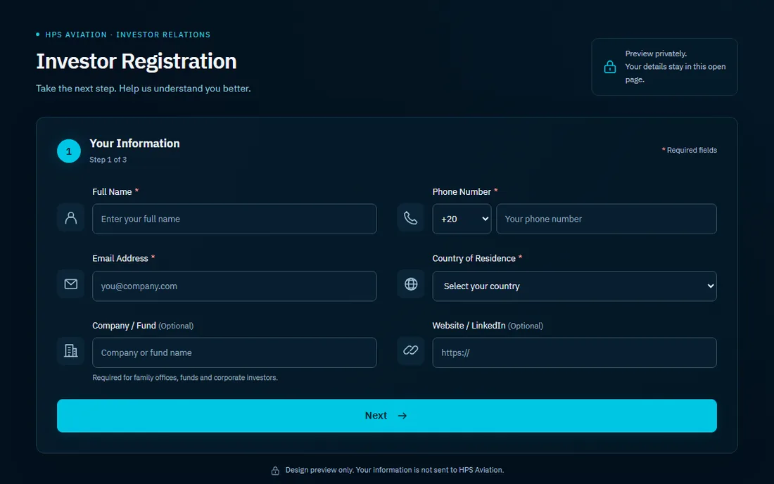 Investor portal experience prototype: investor registration form
