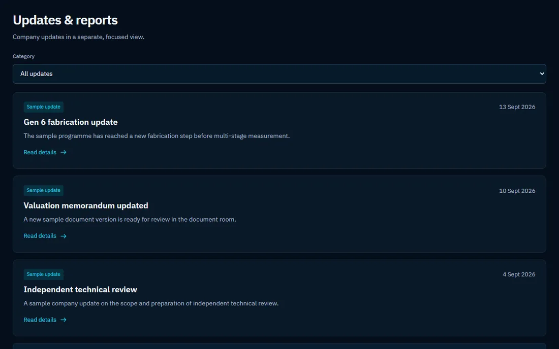 Investor portal experience prototype: company updates and reports with sample entries